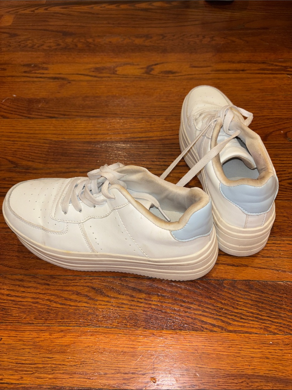 Women’s White Platform Lace-Up Sneakers with Light Blue Heel